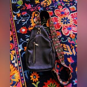 Black Leather Sling Bag with Floral Strap